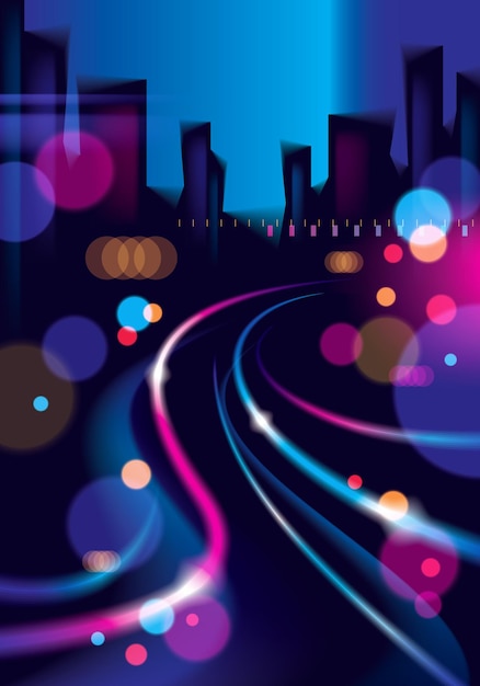 城市的夜晚與模糊的燈光 bokeh 質感向量插圖. 效果向量美麗的背景. 模糊多彩的黑暗背景與城市風景,建築 siluets 天際線.