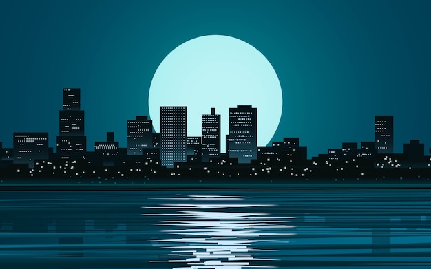 Night in city with full moon and reflection