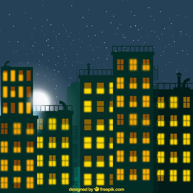 Vector night city with iluminated windows background