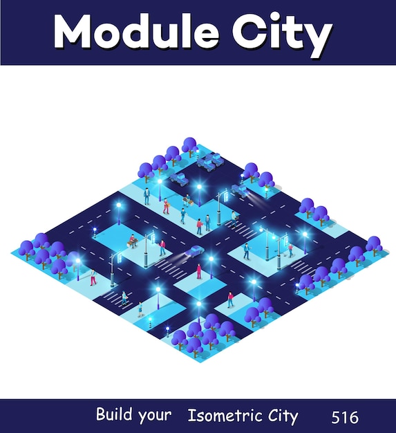 Night city with lantern lights Isometric people walking 3D illustration