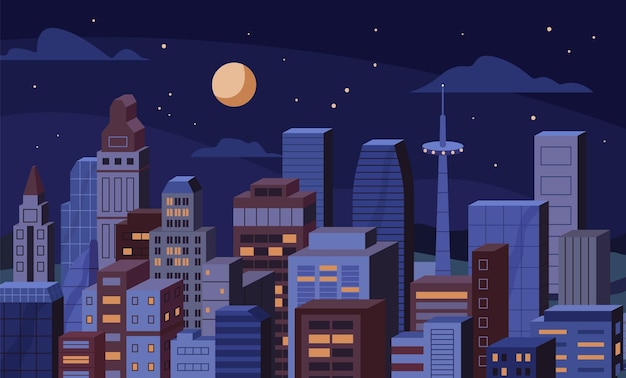 Vettore città notturna con uffici ed edifici residenziali, cielo e luna. veduta urbana del centro con grattacieli a mezzanotte. paesaggio urbano della metropoli. centro business nelle ore notturne. illustrazione vettoriale piatta.