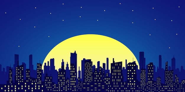 Vector night city with skyscrapers against starry sky with full moon