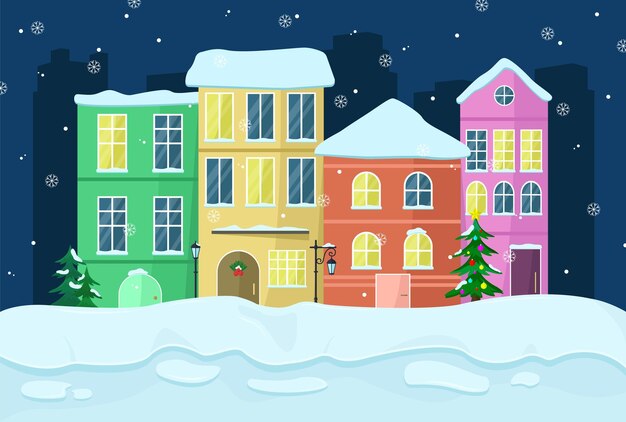 Night cityscape with European winter houses Concept for Christmas or winter postcard