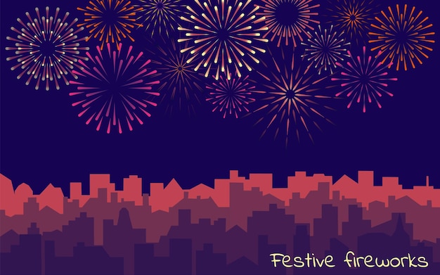 Vector night cityscape with fireworks festive firecracker vector skyscrapers silhouette with holiday salute