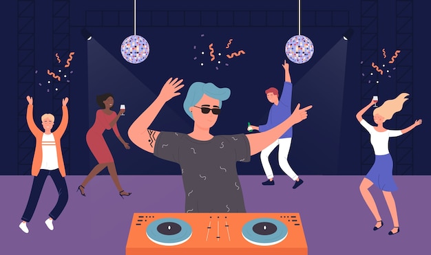 Vector night club musical party, cartoon friends people listen to dj music and dancing