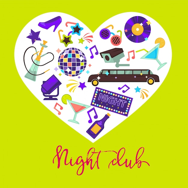 Night club promotional design composition with attributes for fun inside heart