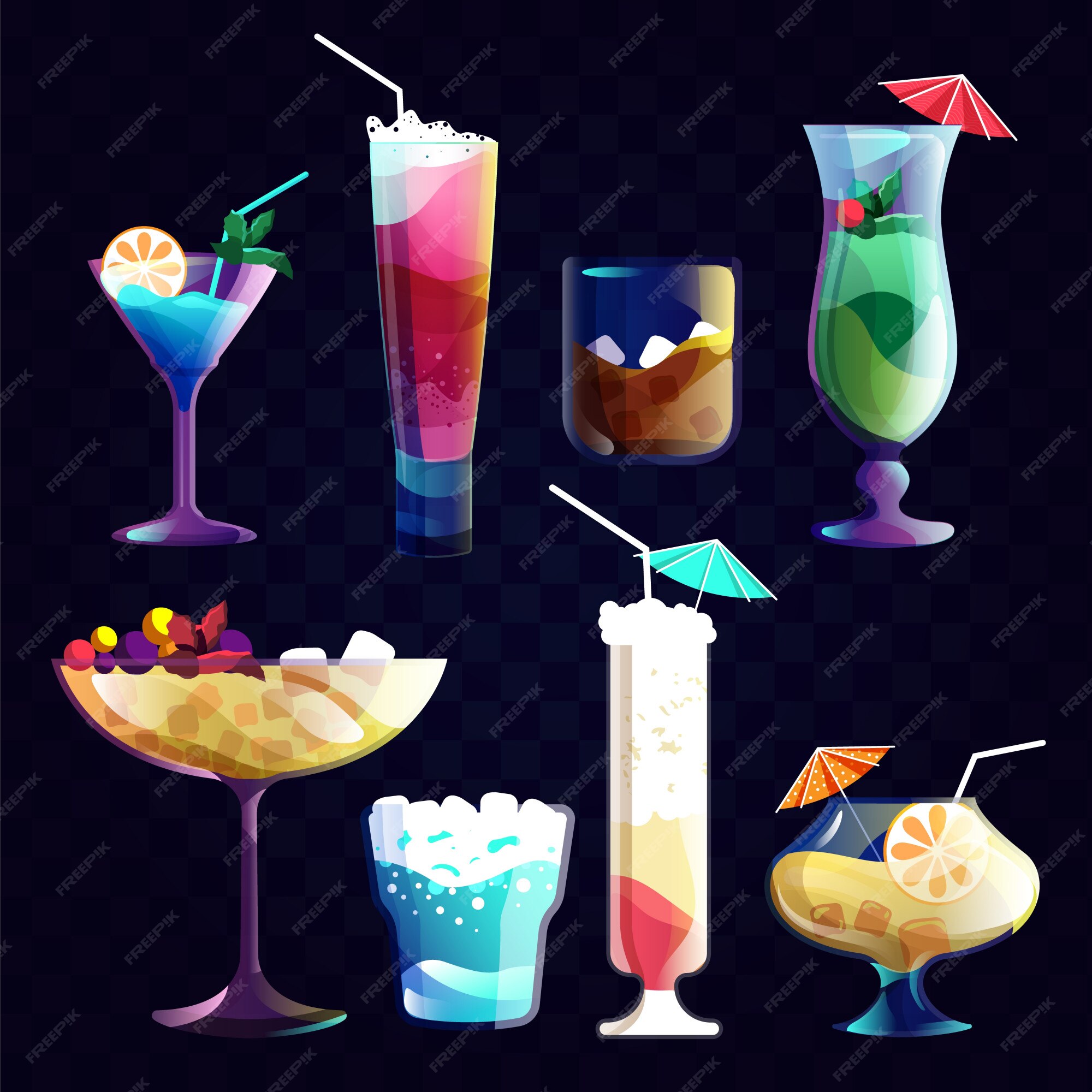 夜のカクテル グラスにアルコールカクテルとトロピカルジュース飲料 夜のパーティーイラストのドリンクセット プレミアムベクター