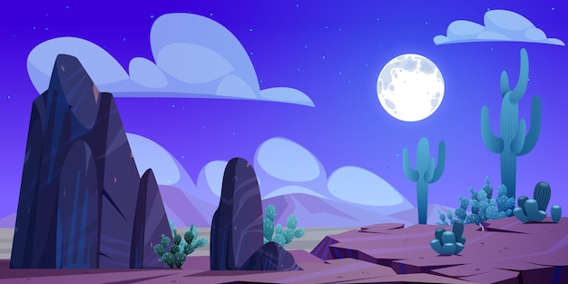 Ночной пустынный пейзаж мексиканский природный фон с кактусовыми скалами и сухой пустынной землей под звездным небом с сиянием полной луны сумерки живописная природа параллакс сцена мультфильм векторная иллюстрация
