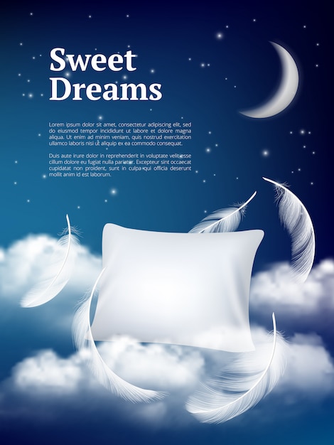 Vector night dream pillow. advertizing poster with pillows clouds and feathers comfortable space realistic concept