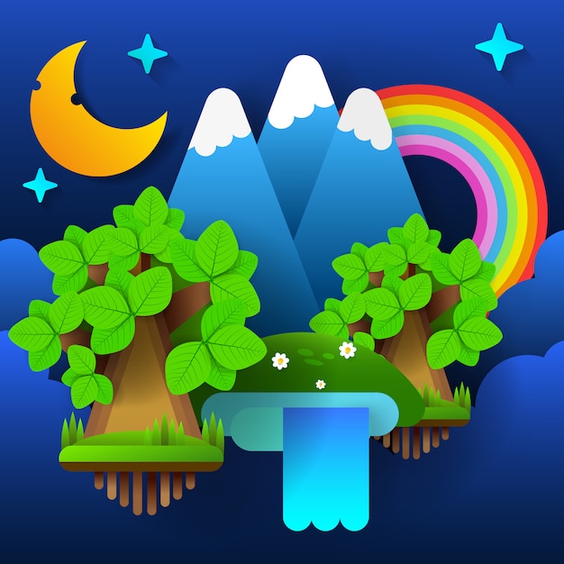 Night fairy forest . moon in the sky with a rainbow and stars. vector