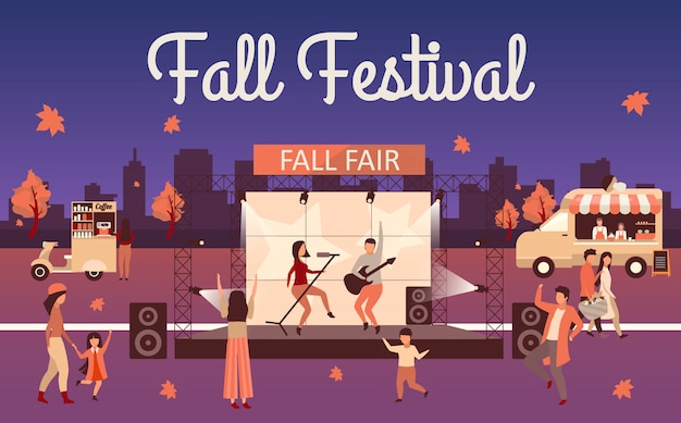 Night fall festival  illustration. Autumn event and Thanksgiving day holiday advertising poster. Fall fair lettering. Rock fest, carnival with street food truck. Concert visitors cartoon character