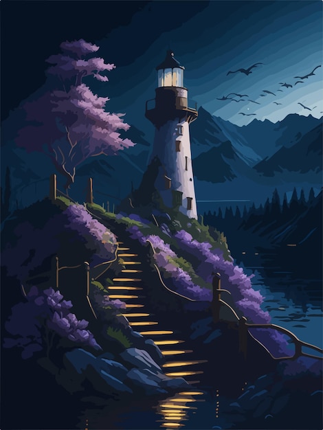 Night falls on the island with stars twinkling above the lighthouse and blooming flowers