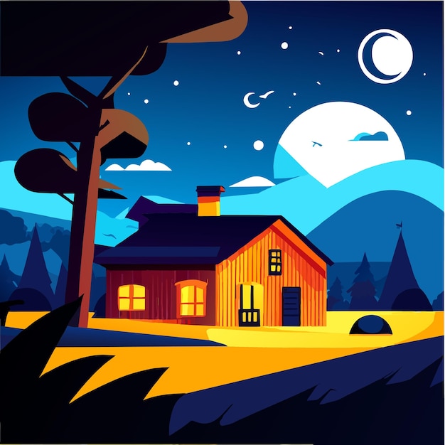 night farm landscape vector illustration