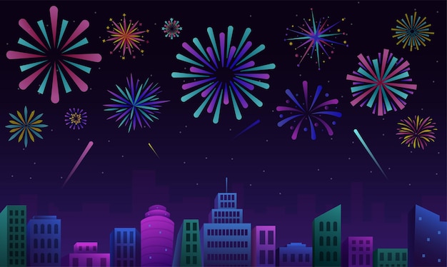 Night fireworks Cartoon colorful fireworks explosion over the city party and holiday celebration Vector illustration