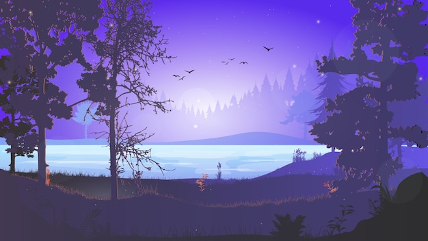 Night Forest. Forest landscape with a river at night. Night in the forest. Dawn in the forest. The sky with the stars. Beautiful dawn illustration for ad banner or background.