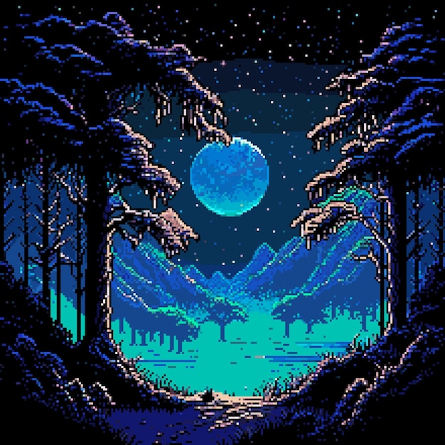 Night forest landscape AI generated 8bit pixel game scene Vintage 2d videogame panorama backdrop indie pixel game vector scenery or 8bit arcade level background with forest trees in moonlight