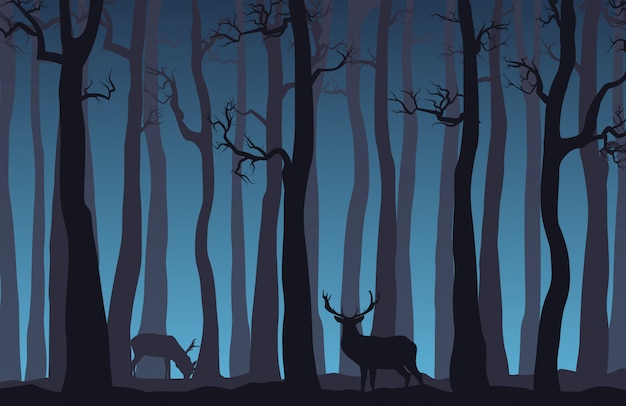 Vector night forest landscape with bare trees and two deer.