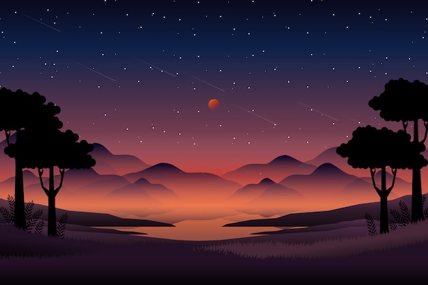 山と星空と夜の森の風景