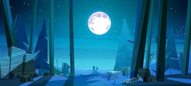 Ночной лес сумеречный пейзаж со скалами и хвойными деревьями природа фон красивый таинственный летний лес под звездным небом с параллаксом полной луны игровая сцена мультфильм векторная иллюстрация