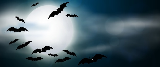 Notte, luna piena e pipistrelli, banner orizzontale. illustrazione di halloween spaventoso colorato.