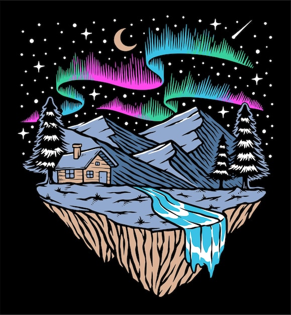 Night full of stars and aurora illustration