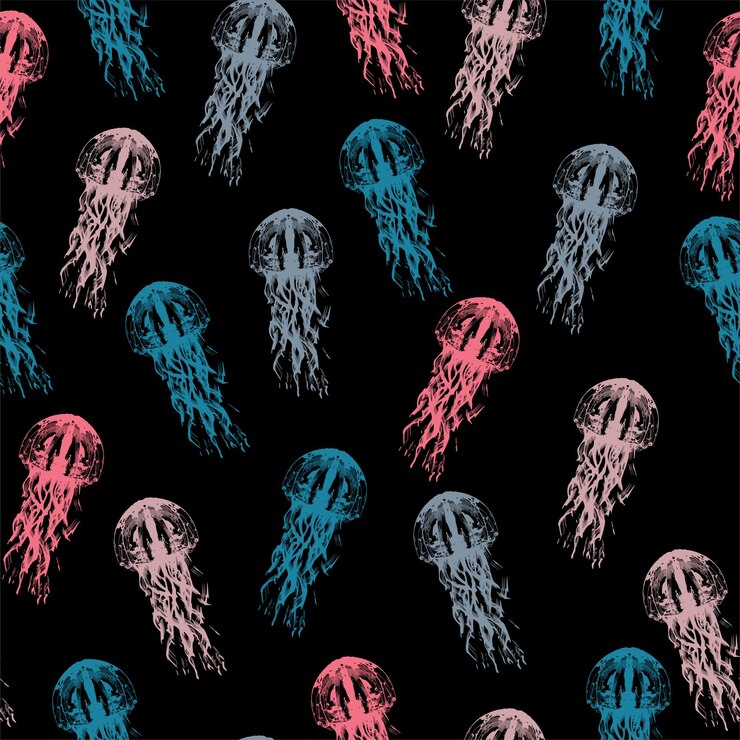 Vector night galaxy mix with watercolor jelly fishes in bright style vivid blue purple violet isolated on dark background