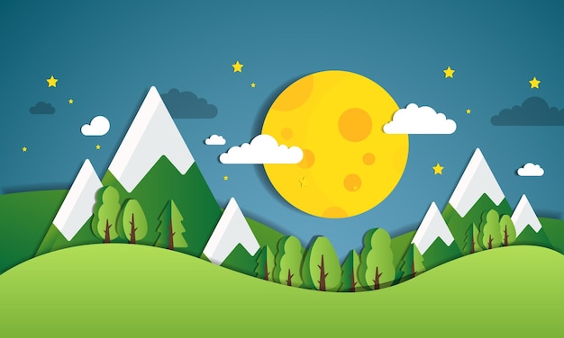 Night Green nature forest landscape scenery banner background paper art styleVector illustration