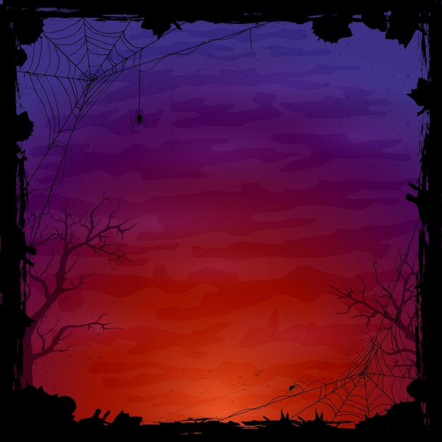 Vettore sfondo di halloween di notte con ragni grunge texture su sfondo blu e arancione illustrazione astratta