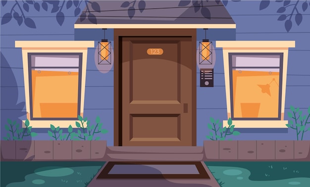 Night house front door concept flat cartoon graphic design illustration