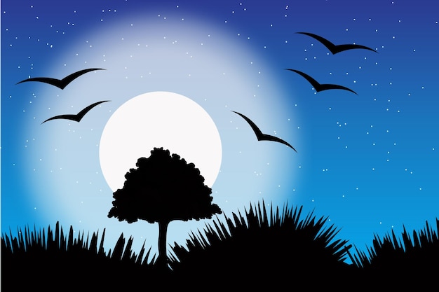 Night illustration glowing moon and stars flying birds night vector trees and mountains silhouette