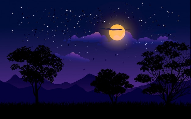 Night illustration with cloudy starry sky