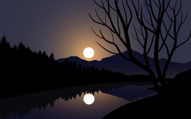 Illustrazione di notte con al chiaro di luna e fiume