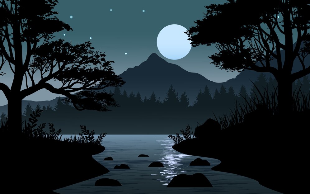Premium Vector | Night illustration with river in forest and full moon