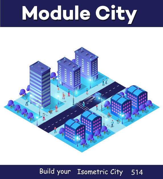 Night isometric smart blue ultraviolet block quarter city at night with lights