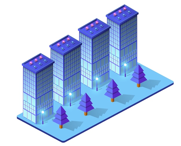 Vector night isometric smart blue ultraviolet city 3d illustration