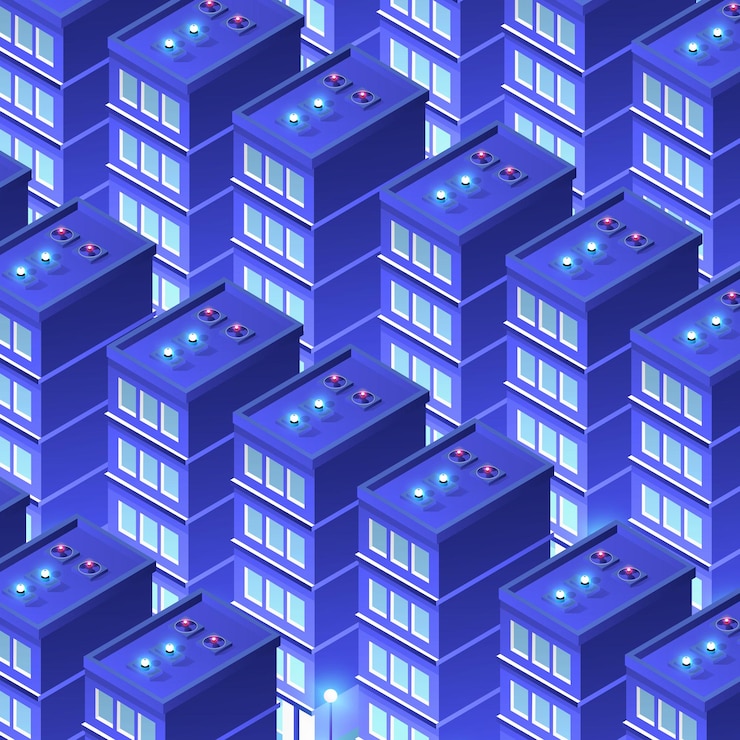 Vector night isometric smart blue ultraviolet city background 3d illustration