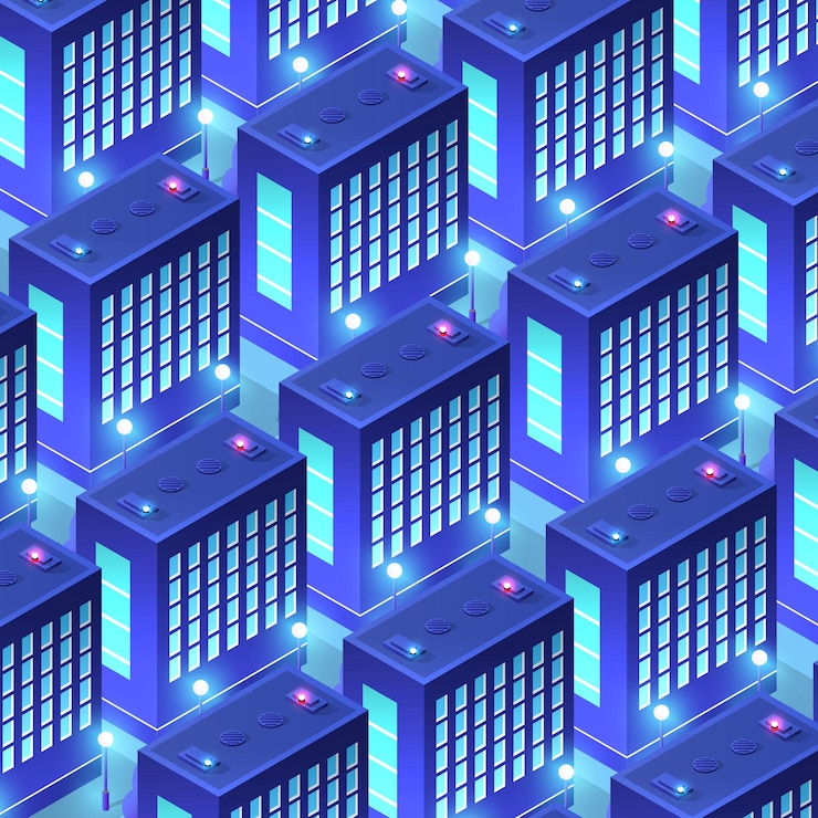 Vector night isometric smart blue ultraviolet city background 3d illustration
