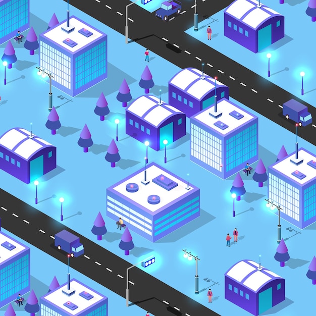 Vector night isometric smart blue ultraviolet city background 3d illustration