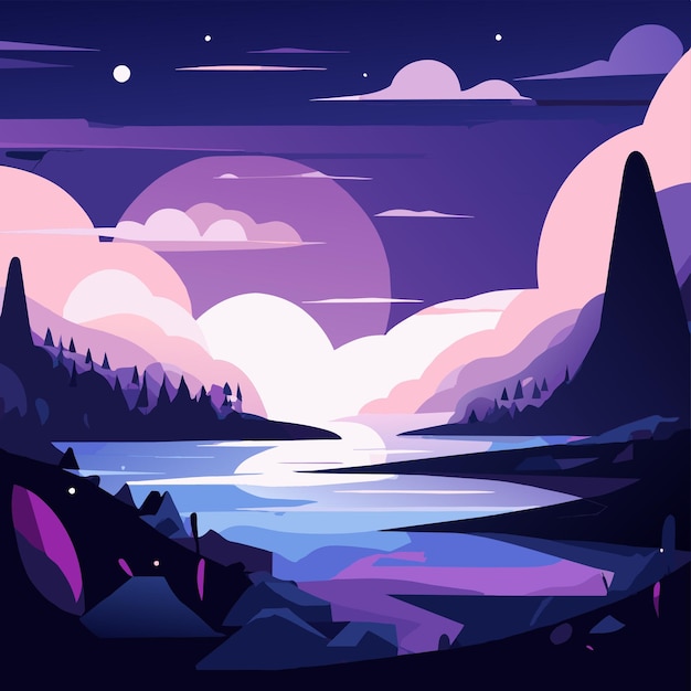 Notte lago retro tramonto paesaggio paesaggio disegnato a mano piatto elegante adesivo cartone animato concetto di icona