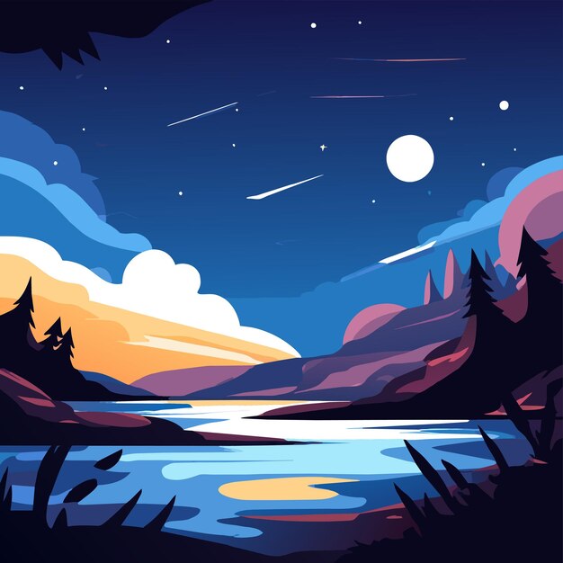 Ночное озеро ретро закат пейзаж пейзаж вручную нарисованный плоский стильный мультфильм наклейка икона концепция