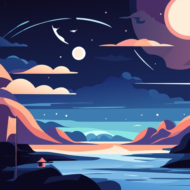 Notte lago retro tramonto paesaggio paesaggio disegnato a mano piatto elegante adesivo cartone animato concetto di icona