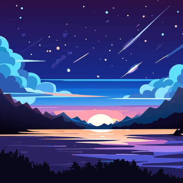 Vector night lake retro sunset landscape scenery hand drawn flat stylish cartoon sticker icon concept