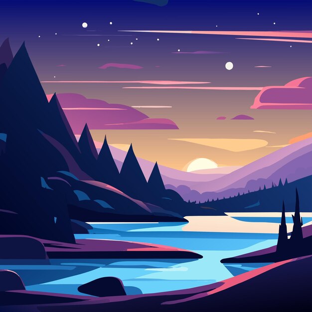 Vettore notte lago retro tramonto paesaggio paesaggio disegnato a mano piatto elegante adesivo cartone animato concetto di icona