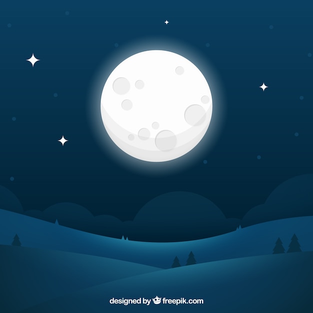 Vector night landscape background with big moon