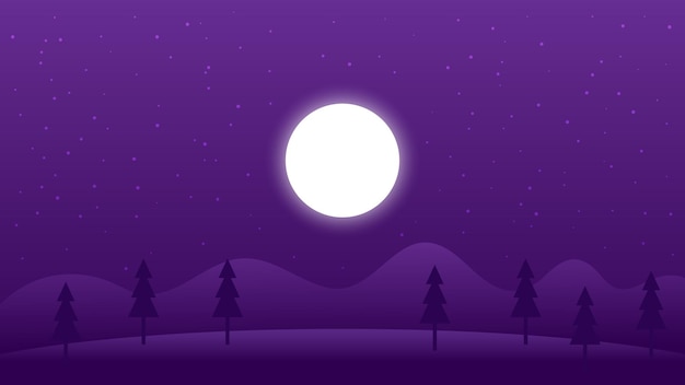 Vector night landscape cartoon scene silhouette tree on dark hill with full moon and star in the sky