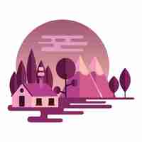 Vector night landscape illustration in flat style with mountains, forest and hom. background for summer camp, nature tourism, camping or hiking design concept. vector illustration.
