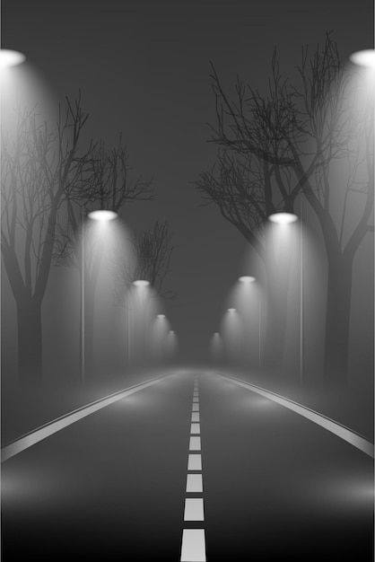 Vector night landscape the road the fog the lights abstract vector illustration