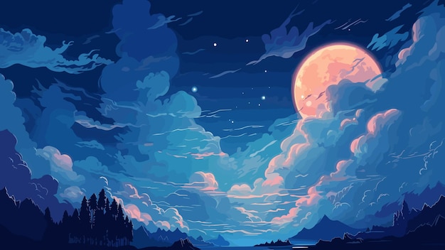 Vector night landscape scene with full moon in clouds vector illustration