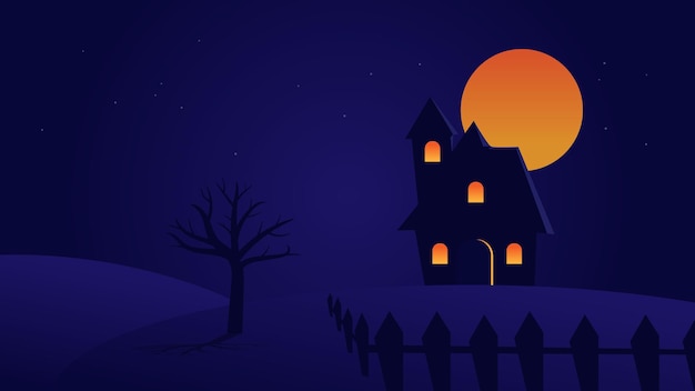 Night landscape scene with house on hill and full moon with star in sky with copy space for design