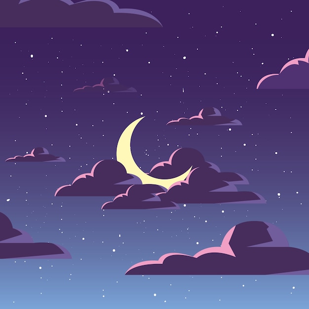 Vector night landscape of sky with clouds